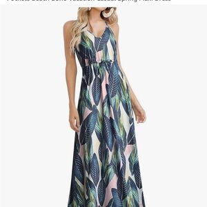 Huskary Sleeveless Blue Leaf Print Maxi Dress